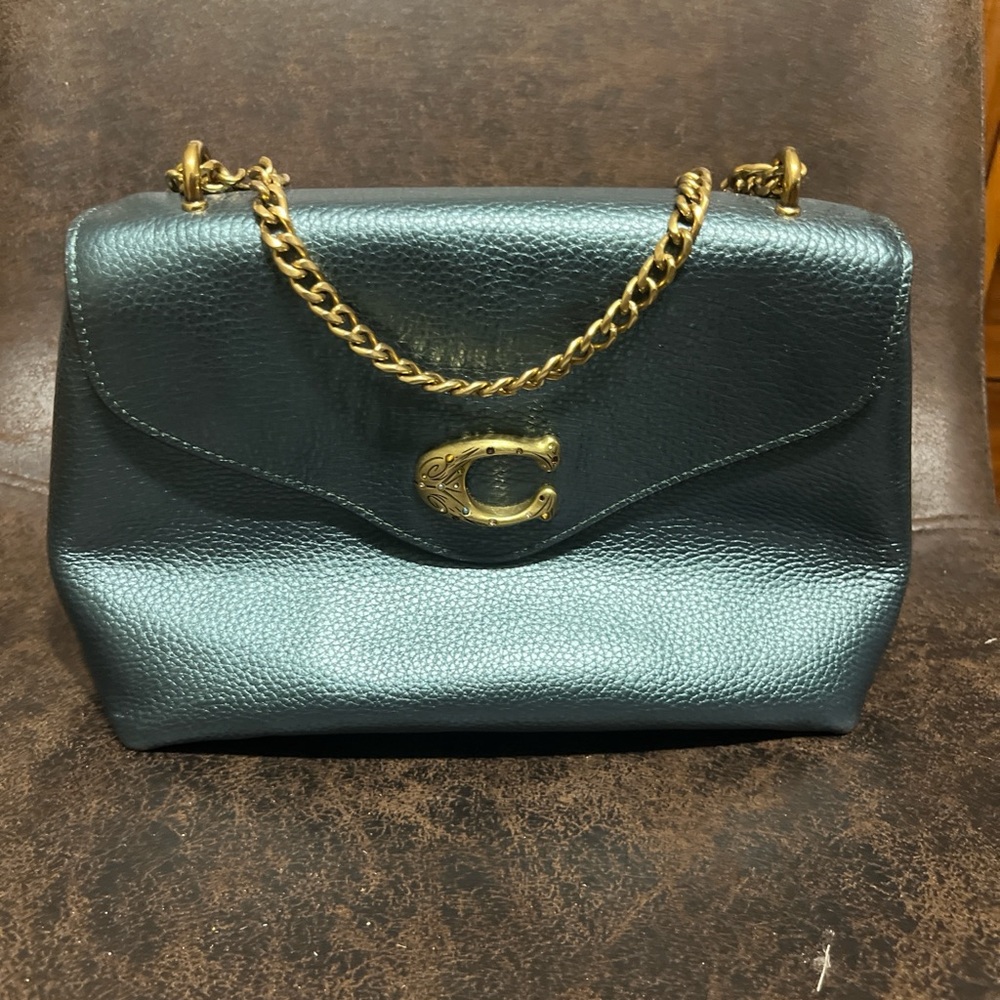 Coach Metallic Teal Shoulder Bag with Gold Chain